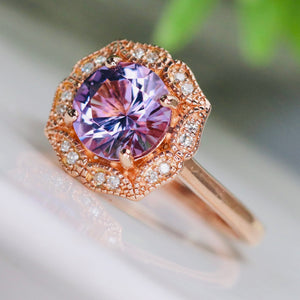 Amethyst and diamond halo ring in 14k rose gold