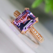 Load image into Gallery viewer, Emerald cut amethyst and diamond ring in 14k rose gold