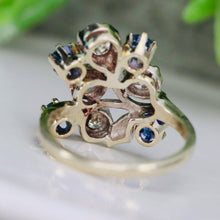 Load image into Gallery viewer, Vintage old cut diamond and sapphire ring in 14k white gold