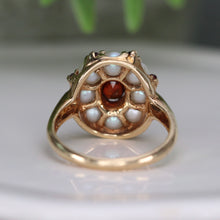 Load image into Gallery viewer, Stunning garnet and pearl ring in 14k yellow gold