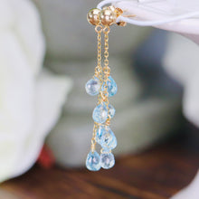 Load image into Gallery viewer, Blue topaz briolette drops in 14k yellow gold