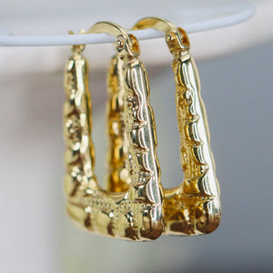 Classy square textured hoops in yellow gold