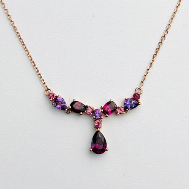 Amethyst and rhodolite necklace in rose gold