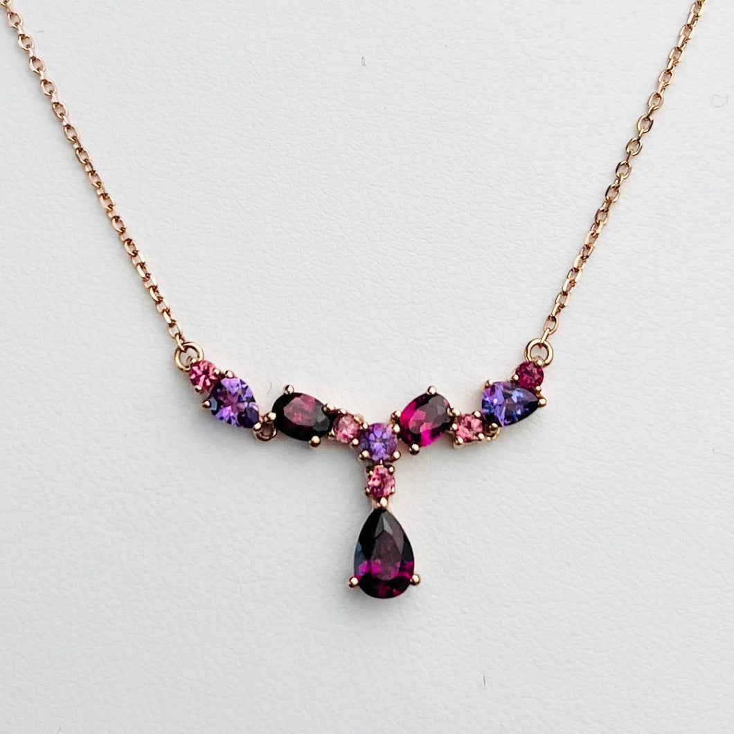 Amethyst and rhodolite necklace in rose gold