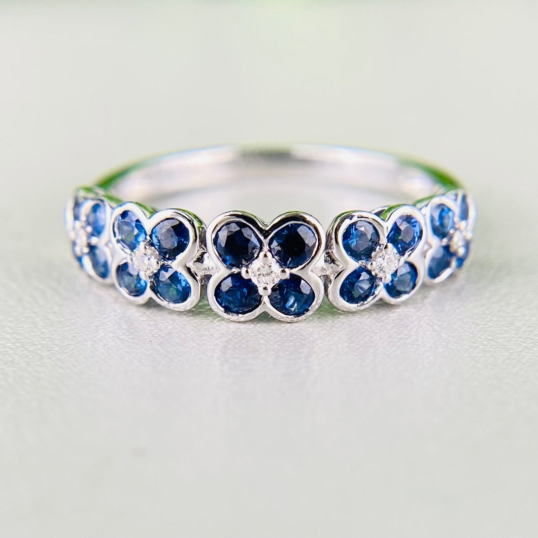 Sapphire and diamond floral bubble band in white gold