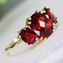 Load image into Gallery viewer, Checkerboard 3 stone garnet ring in 14k yellow gold