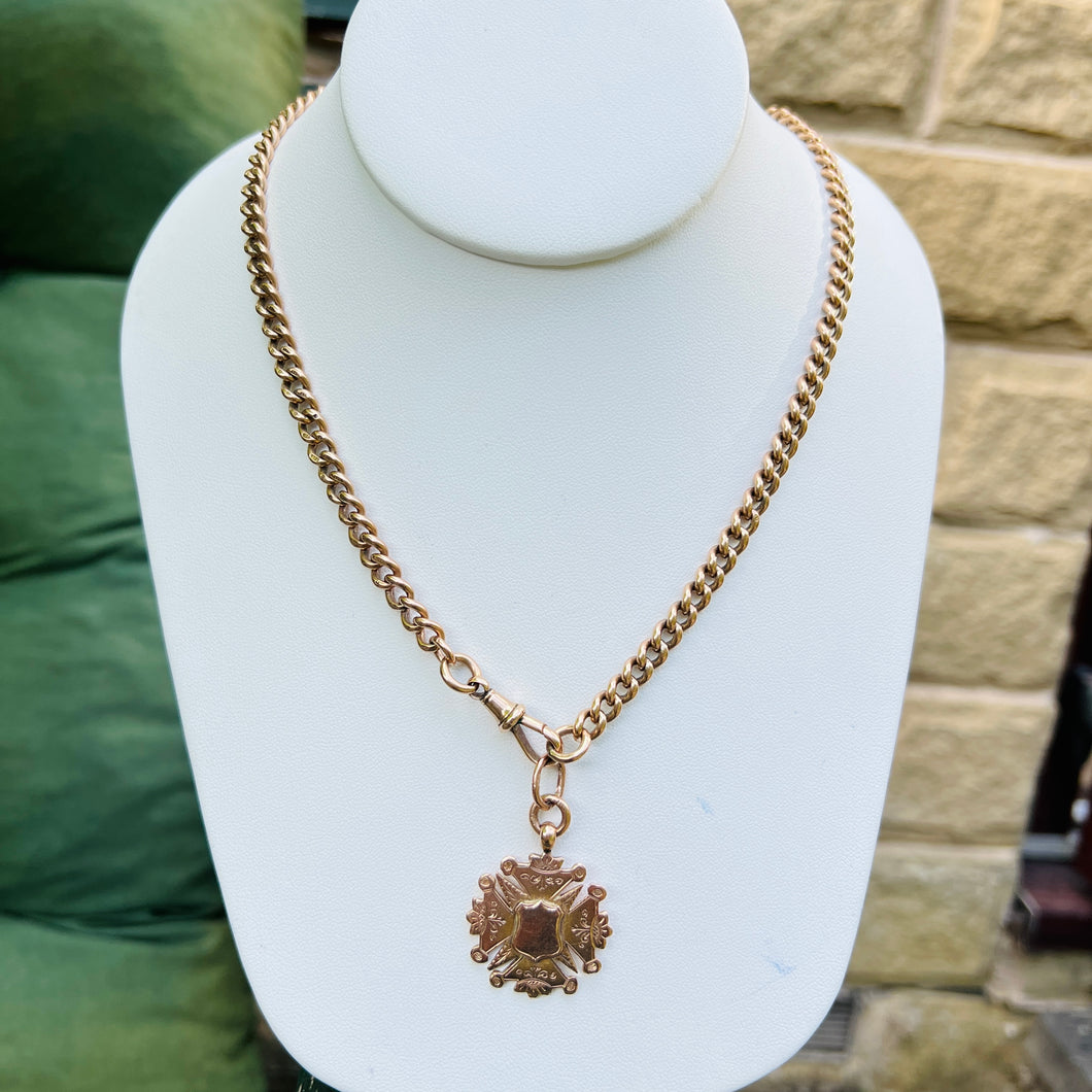 Antique very heavy curb necklace with medal in rose gold