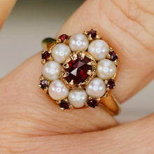 Load image into Gallery viewer, Stunning garnet and pearl ring in 14k yellow gold