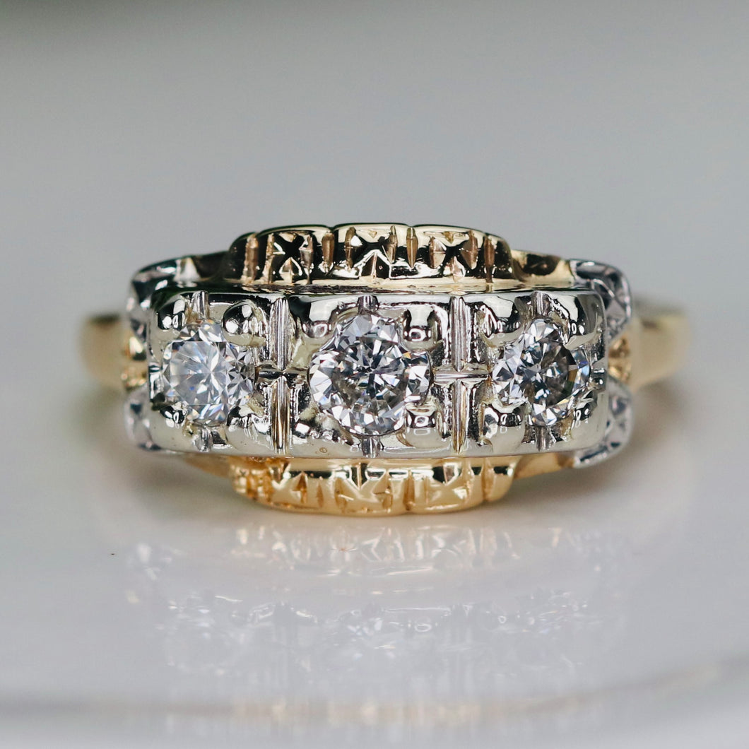 Transitional cut vintage 3 stone diamond band in 14k