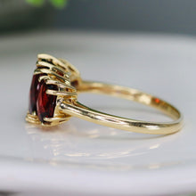 Load image into Gallery viewer, Checkerboard 3 stone garnet ring in 14k yellow gold