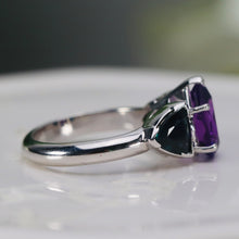 Load image into Gallery viewer, Amethyst and london blue topaz ring in heavy 14k white gold mounting