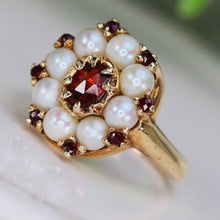 Load image into Gallery viewer, Stunning garnet and pearl ring in 14k yellow gold