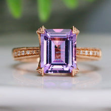 Load image into Gallery viewer, Emerald cut amethyst and diamond ring in 14k rose gold