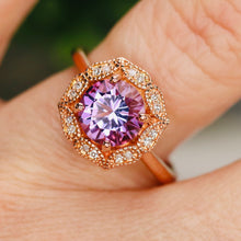 Load image into Gallery viewer, Amethyst and diamond halo ring in 14k rose gold