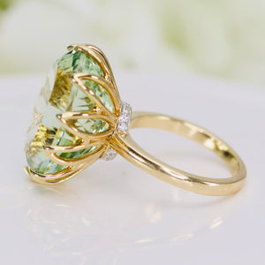 Huge oval prasiolite and diamond ring in 14k yellow gold