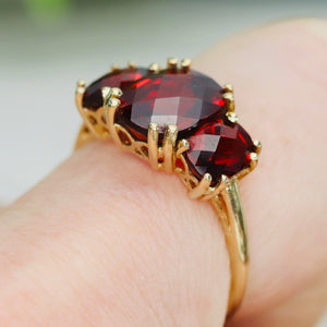 Checkerboard 3 stone garnet ring in 14k yellow gold