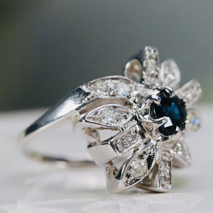Sapphire and diamond flower style ring in 14k white gold