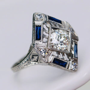 GIA Art Deco Sapphire and diamond ring in 18k white gold