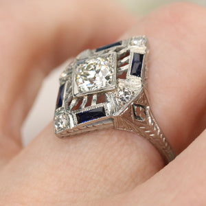 GIA Art Deco Sapphire and diamond ring in 18k white gold