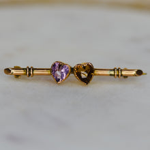 Load image into Gallery viewer, Vintage double heart brooch pin with amethyst and citrine in yellow gold from Manor Jewels