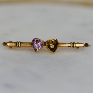Double heart amethyst and citrine pin in yellow gold
