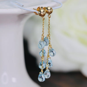 Blue topaz briolette drops in 14k yellow gold