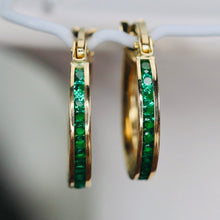 Load image into Gallery viewer, 14k yellow gold green hoops