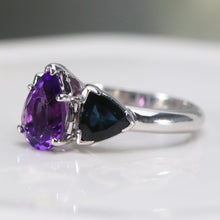 Load image into Gallery viewer, Amethyst and london blue topaz ring in heavy 14k white gold mounting