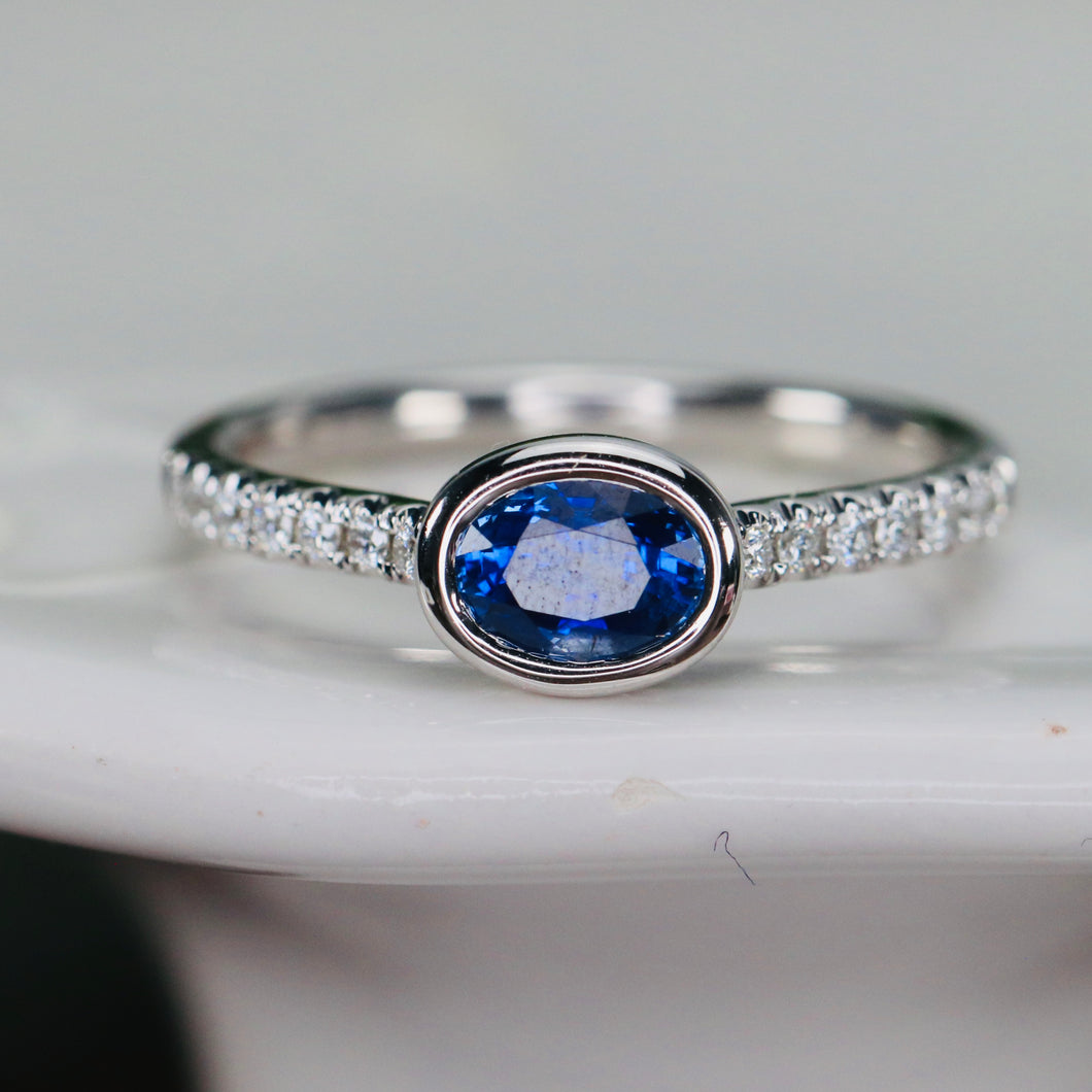 East west blue Sapphire and diamond ring in 14k white gold