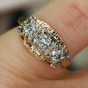Transitional cut vintage 3 stone diamond band in 14k