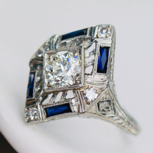 GIA Art Deco Sapphire and diamond ring in 18k white gold