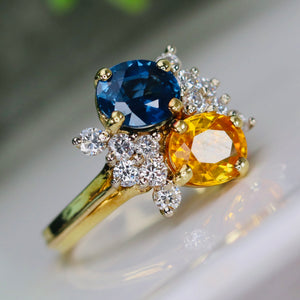 Blue and yellow sapphire and diamond ring in 18k yellow gold