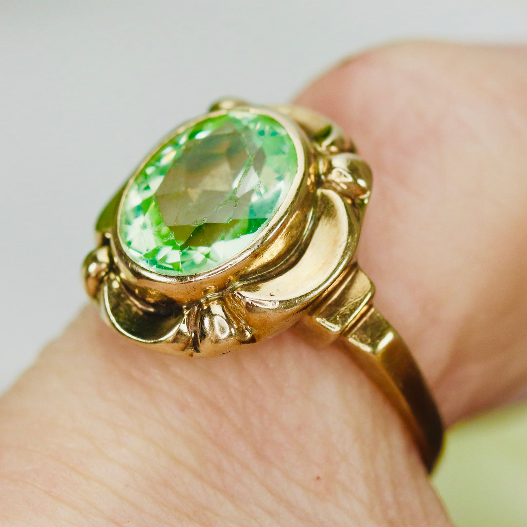 Vintage synthetic green spinel ring in yellow gold