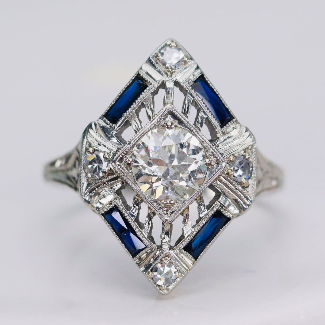 GIA Art Deco Sapphire and diamond ring in 18k white gold