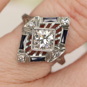GIA Art Deco Sapphire and diamond ring in 18k white gold