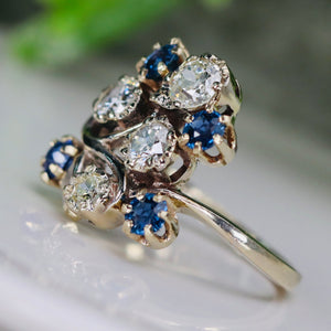 Vintage old cut diamond and sapphire ring in 14k white gold