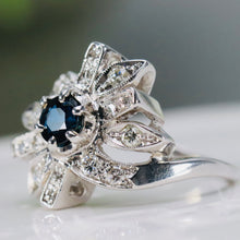 Load image into Gallery viewer, Sapphire and diamond flower style ring in 14k white gold