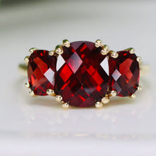 Load image into Gallery viewer, Checkerboard 3 stone garnet ring in 14k yellow gold