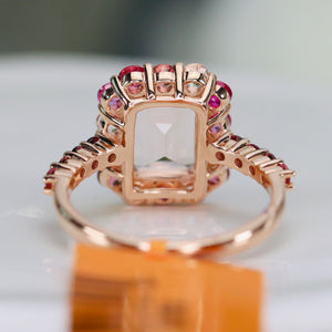 Morganite, pink sapphire, and pink tourmaline ring in 14k rose gold