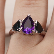 Load image into Gallery viewer, Amethyst and london blue topaz ring in heavy 14k white gold mounting