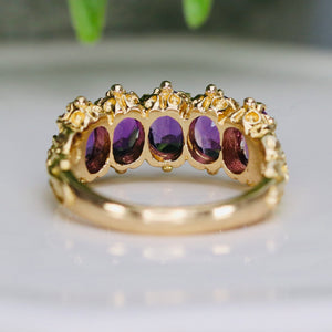 Stunning 5 stone amethyst band in yellow gold