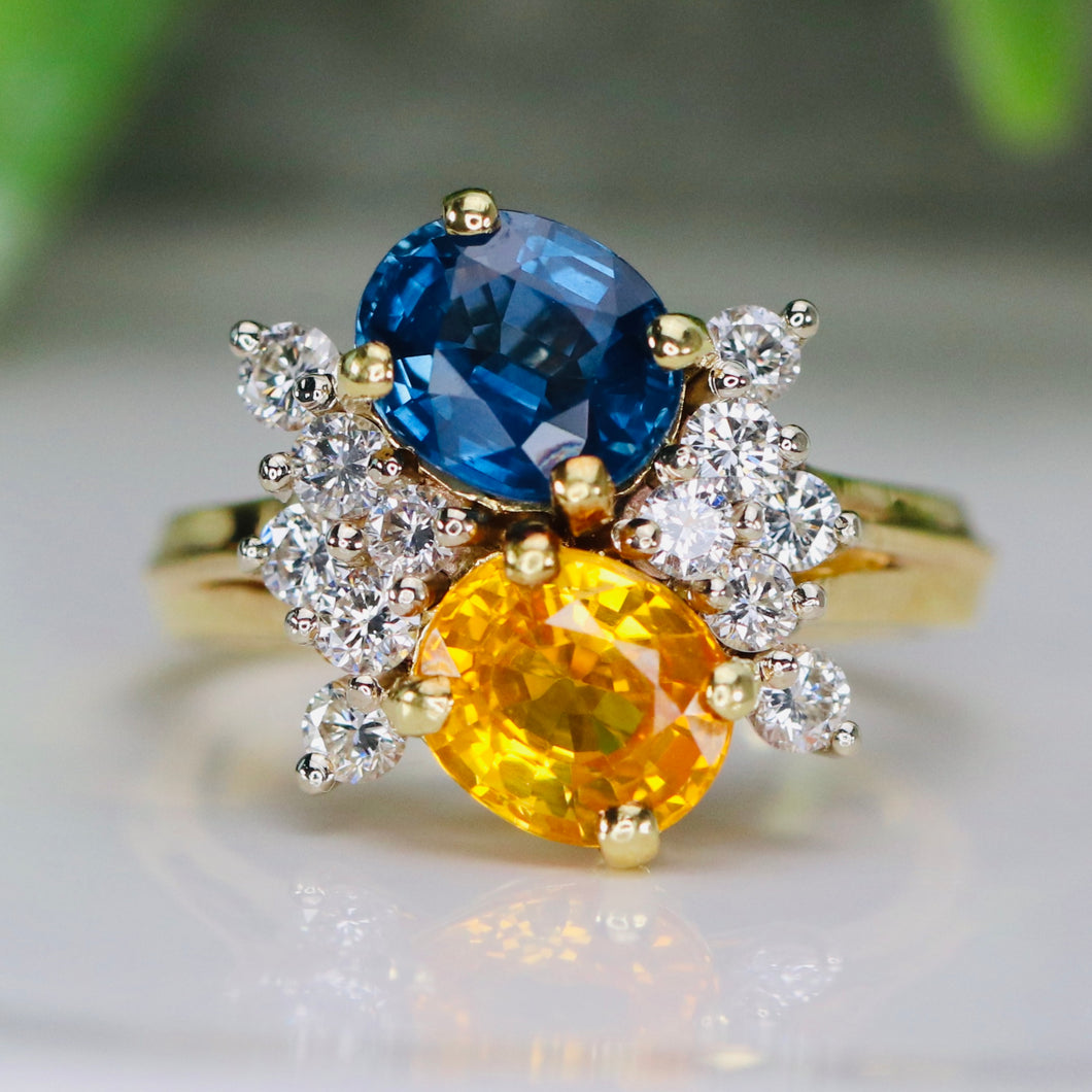 Blue and yellow sapphire and diamond ring in 18k yellow gold