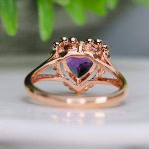 Heart shaped amethyst ring in rose gold
