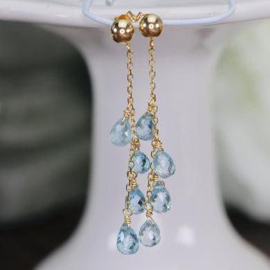 Blue topaz briolette drops in 14k yellow gold