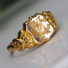 Load image into Gallery viewer, Antique shield shaped MC/CM signet ring in yellow gold