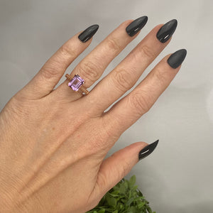 Emerald cut amethyst and diamond ring in 14k rose gold