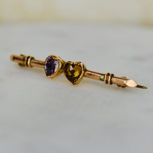 Load image into Gallery viewer, Vintage double heart brooch pin with amethyst and citrine in yellow gold from Manor Jewels