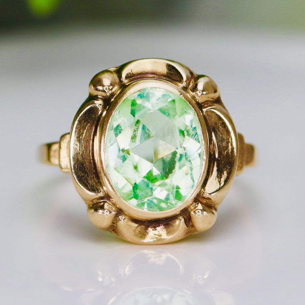 Vintage green synthetic spinel ring in yellow gold