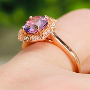 Amethyst and diamond halo ring in 14k rose gold