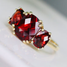 Load image into Gallery viewer, Checkerboard 3 stone garnet ring in 14k yellow gold